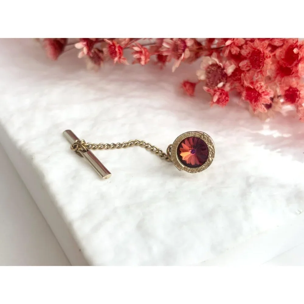 Ombre Orange & Red Rhinestone Gold Toned Vintage Men's Tie Tack